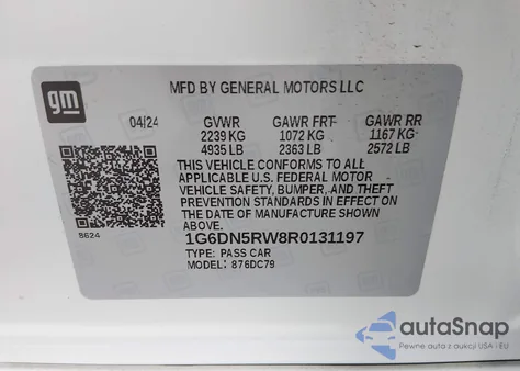 2024 Cadillac Ct5 Premium Luxury z USA, uszkodzony, nr VIN 1G6DN5RW8R0131197